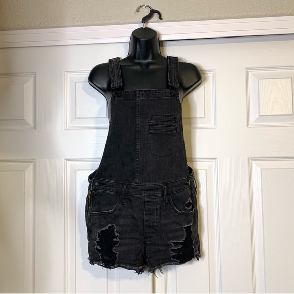 Express Black Distressed Shorts Overalls - Picture 1 of 5
